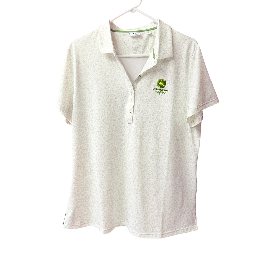 FootJoy Polo Shirt Men XL White Green John Deere Classic Farm Print Short Sleeve